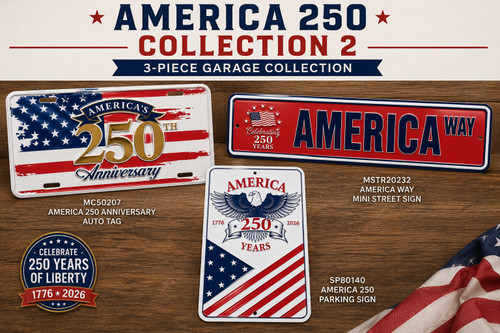 America's 250th Anniversary 3-Piece Garage Collection — Auto Tag, Street Sign & Parking Sign