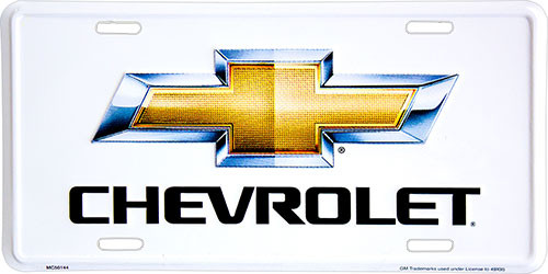 HangTime Chevy Bowtie 6x12 inch white metal license plate