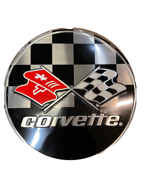 HangTime Corvette with racing flags 24 inch Garage Sign