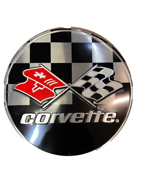 HangTime Corvette with Racing Flags 12 inch Circle Sign