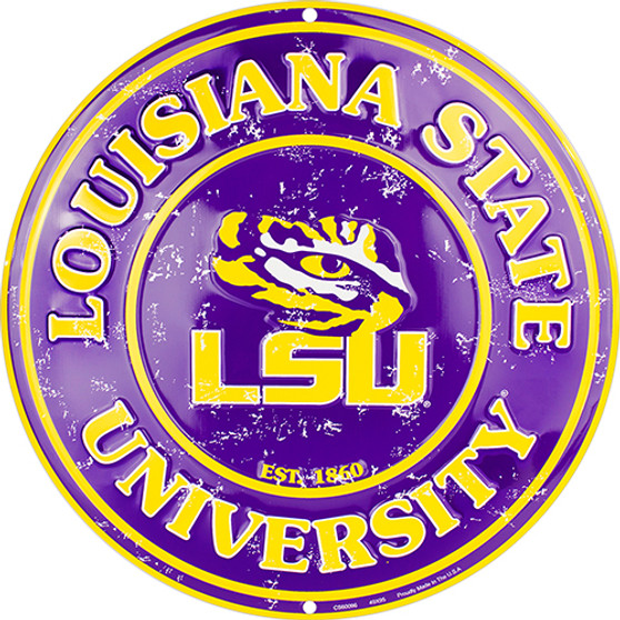 LSU Tigers 12 Inch Embossed Metal Nostalgia Circular Sign