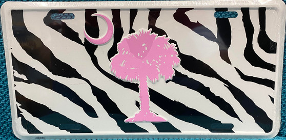 Hangtime South Carolina - Palmetto Moon 6 x 12 inch License Plate - Pink on Black and White Zebra