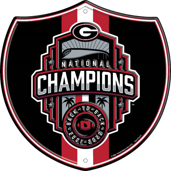 UGA Back-to-Back National Champs 2021 & 2022 embossed aluminum shield sign 12 by 12 inches.