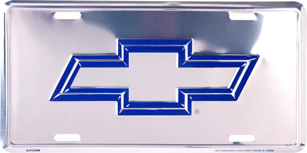 HangTime Chevy Bowtie Blue on Super Stock Polished Chrome 6x12 License Plate