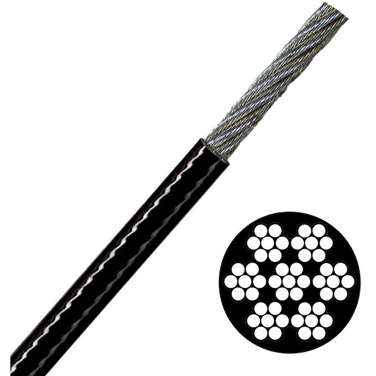 Black Vinyl Coated Cable, 1/8"- 3/16", 7x7, 100 ft coil