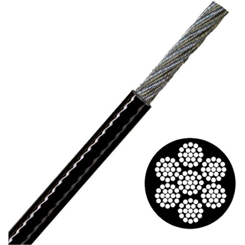 Black NYLON Coated Galvanized Cable, 1/8 - 3/16, 7x19, 500 ft reel for Fitness Machines