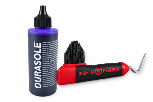 Fitter Critter Ultimate Farrier Bundle – 4oz Durasole Hoof Hardener & Ultimate Hoof Pick with Brush – Complete Horse Hoof Care Kit for Thrush & Sole Support
