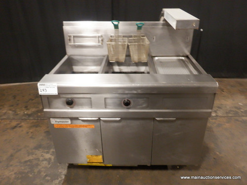 FRYMASTER 47" GAS 2 BAY DEEP FRYER WITH FILTRATION OIL SYSTEM FRY DUMPSTATION AND CASTERS