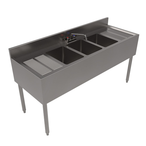 BK 21"X60" Stainless Steel Underbar Sink w/ Legs 3 Compartment Two Drainboards and Faucet