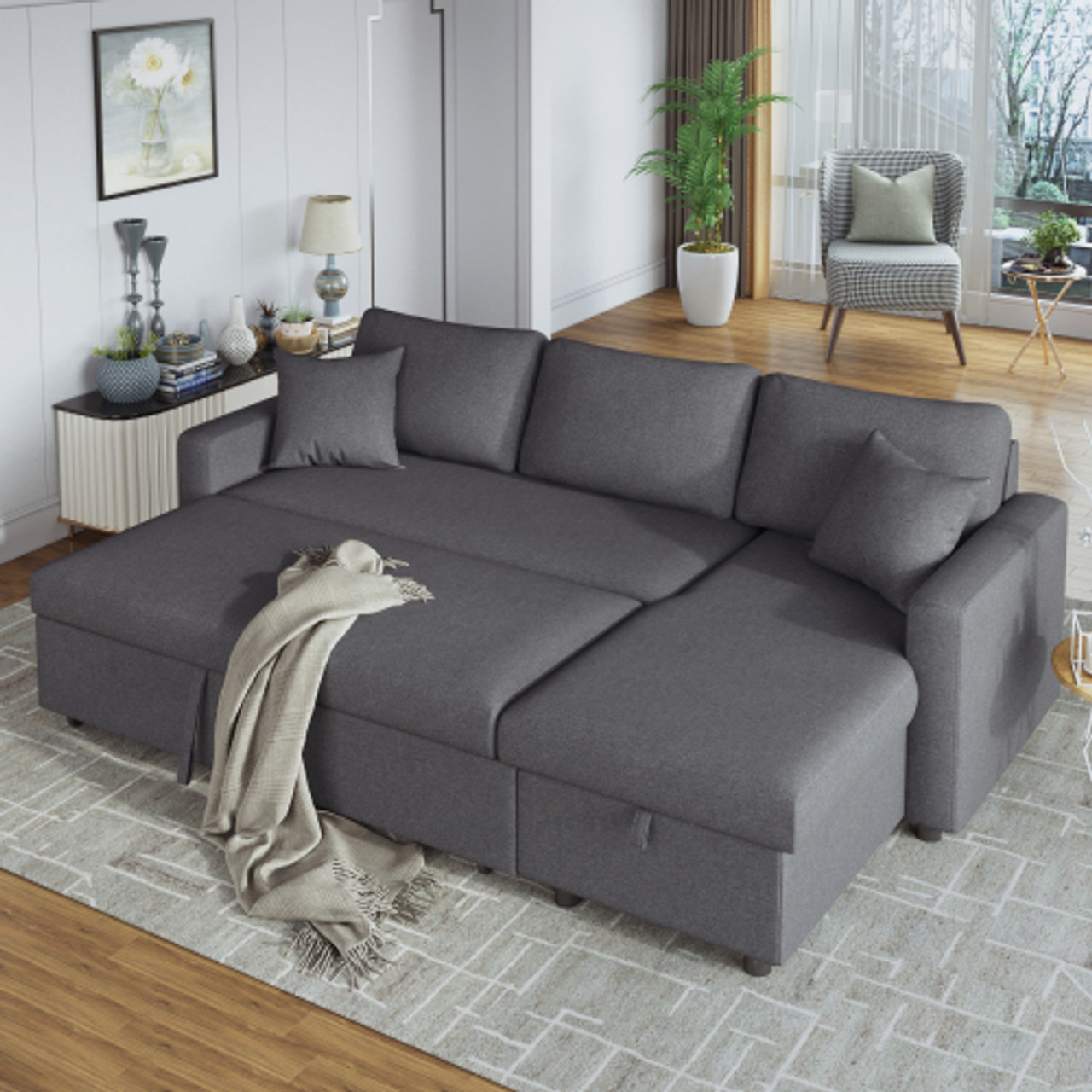 Abrihome Grey U-STYLE Upholstery Sleeper Sectional Sofa with Storage Space  and 2 Tossing Cushions