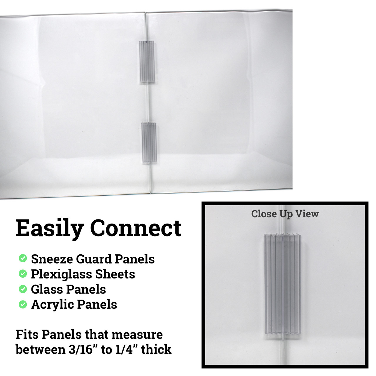 3" L Flat Plexiglass Panel Connectors, 180 Degree Sneeze Guard Holders