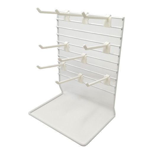 Small 8" W x 11" H display with  9 peg hooks & 5.75" D base.