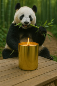 Panda sitting behind a lit gold candle, eating bamboo.