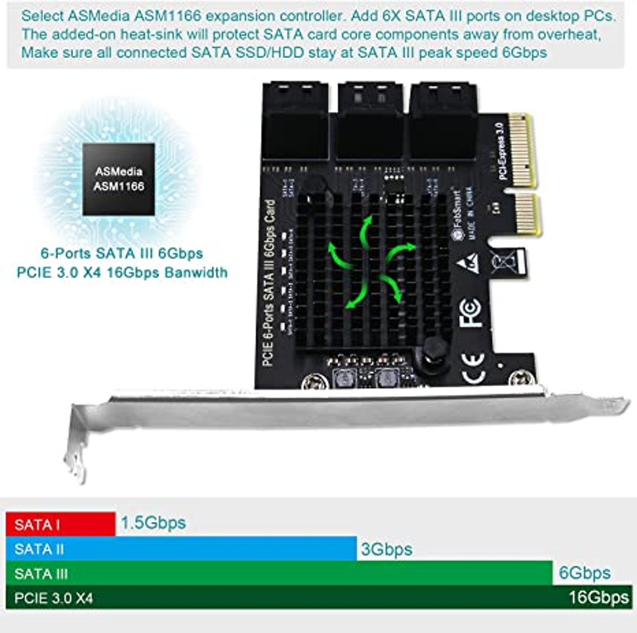 FebSmart PCIE to 6-Ports SATA 3.0 6Gbps Max Speed Expansion Card