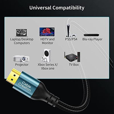 6.6ft 8K 48Gbps Ultra High Speed HDMI 2.1 Cable, CableCreation 4K120 8K 60  144Hz eARC HDR HDCP 2.2 2.3 Compatible for PS5 /PS4 /Xbox /PC/Roku/ HDTV/  TV Box 