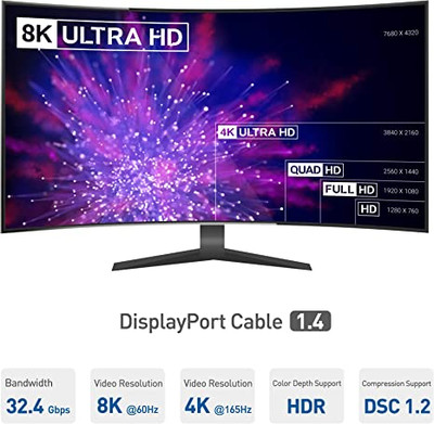 Cable Matters 8K DisplayPort to DisplayPort Cable (DisplayPort 1.4 Cable)  with 8K 60Hz, 4K 120Hz and HDR Support, 6 Feet 