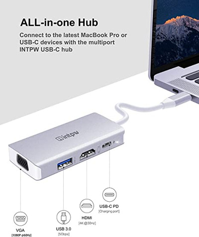 Intpw USB C HUB, USB C to HDMI VGA Adapter w/Dual Video Output(HDMI&VGA),  PD Pass-Through Charging Port, USB3.0 Port HUB for New MacBook Pro