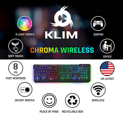 KLIM Teclado Chroma para jogos sem fio RGB nova versão 2022