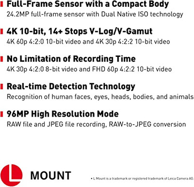  Panasonic LUMIX S5 Full Frame Mirrorless Camera, 4K 60P Video  Recording with Flip Screen & WiFi, L-Mount, 5-Axis Dual I.S., DC-S5BODY  (Black) : Electronics