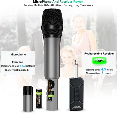 Wireless Microphone, Bietrun UHF Metal Dual Handheld Cordless Dynamic Mic  System with Rechargeable Receiver, 1/4