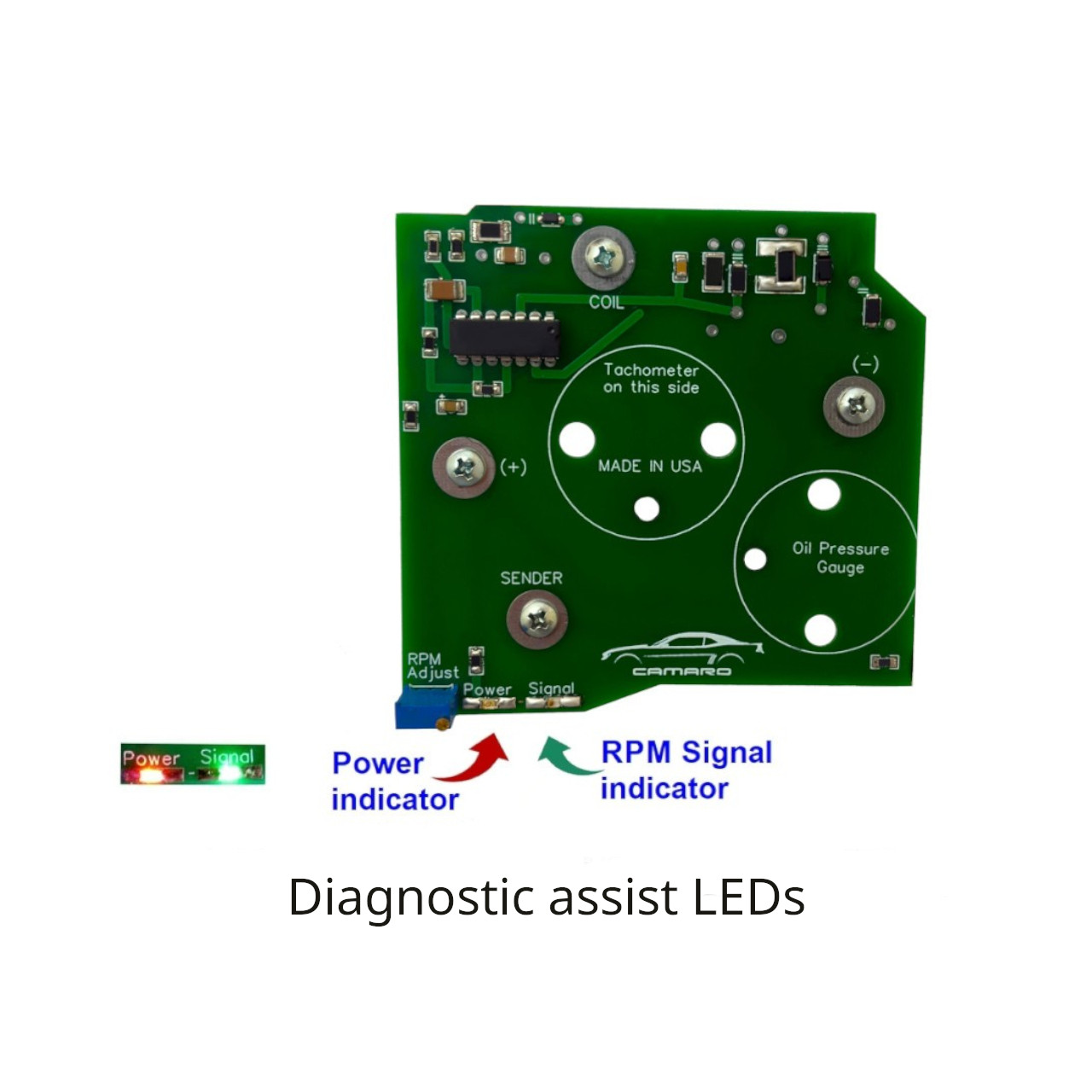 Camaro RPM gauge tach board with diagnostic LEDs and mounting hardware