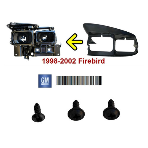 1998-2002 Firebird Headlight Bezel Mounting Screw Set. Two different sized screws. 1998-2002 Firebird Headlight Bezel Mounting Screw Set. Two different sized screws.