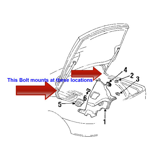 1993-2002 Camaro and Firebird Rear Hatch Strut GM Torx Bolt. Location diagram