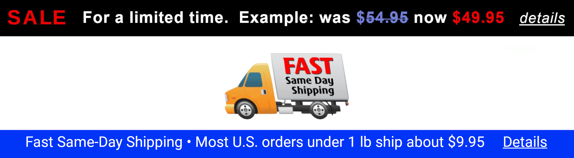 Fast same-day shipping banner. Most U.S. orders under 1 lb ship for about $9.95.