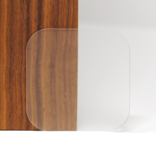 Clear frosted cast acrylic sheet ??? 3mm laser-cut sample shown against wood and white background, ideal for engraving, crafting, signage, and Glowforge-compatible projects.