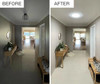 Before and after comparison of a hallway; 'before' with dark lighting and a light fixture, 'after' with brighter, natural light from a Solatube skylight.