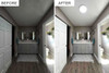 Before-and-after bathroom comparison, showing darker room transformed with a Solatube skylight.
