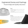Solatube skylight dome and flashing components, emphasizing moisture control, seal, strength, and easy installation.