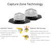 Two Solatube skylight domes with black bases and text highlighting Capture Zone, LightTracker reflector, and RayBender technology.
