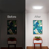 Before-and-after comparison showing a dark hallway transformed with a Solatube skylight, now bright with daylight.
