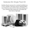 Solatube skylight kit components, including tube sections, flashing, lens, and solar night light.