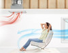 Solatube Whole House Fan with airflow arrows; woman relaxing in a chair.
