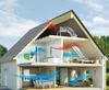 Cutaway view of a house showing Solatube Whole House Fan installation with airflow arrows indicating air circulation.