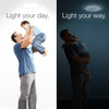 Solatube skylight illuminating a man and child during day and night.
