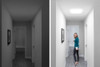 Before-and-after comparison of a hallway with and without a Solatube skylight with square ceiling fixture.

