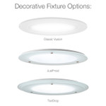 Three Solatube skylight decorative fixture options: Classic Vusion, JustFrost, and TierDrop.
