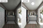 Before-and-after bathroom comparison, showing darker room transformed with a Solatube skylight.
