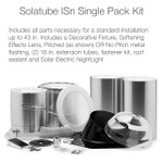 Solatube Skylight Kit components including tubes, flashing, lens, and solar night light panel.
