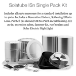 Solatube skylight kit components, including tube sections, flashing, lens, and solar night light.
