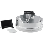 Solatube Daylight Dimmer components include a solar panel, control box, dimmer unit, and reflective blades, all housed within a tubular structure.