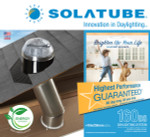 Solatube skylight dome on roof with reflective tubing, and square ceiling fixture, promoting energy efficiency and easy installation.