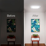 Before-and-after comparison showing a dark hallway transformed with a Solatube skylight, now bright with daylight.
