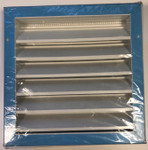 Solatube Louvers for garage ventilation; blue-framed vent with horizontal silver slats.
