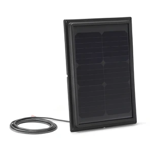 Black framed solar panel with visible grid pattern and attached cord.