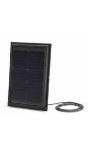 Black framed solar panel with visible grid pattern and attached cord.