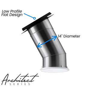 Solatube Low Profile Skylight Kit with 14-inch diameter tube, showing roof flashing, reflective tubing, and ceiling diffuser.